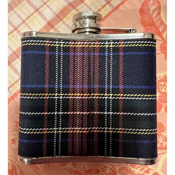 Stainless Steel Plaid Flask Blue Red Yellow Green Classic Tartan Preppy Small - Picture 2 of 7